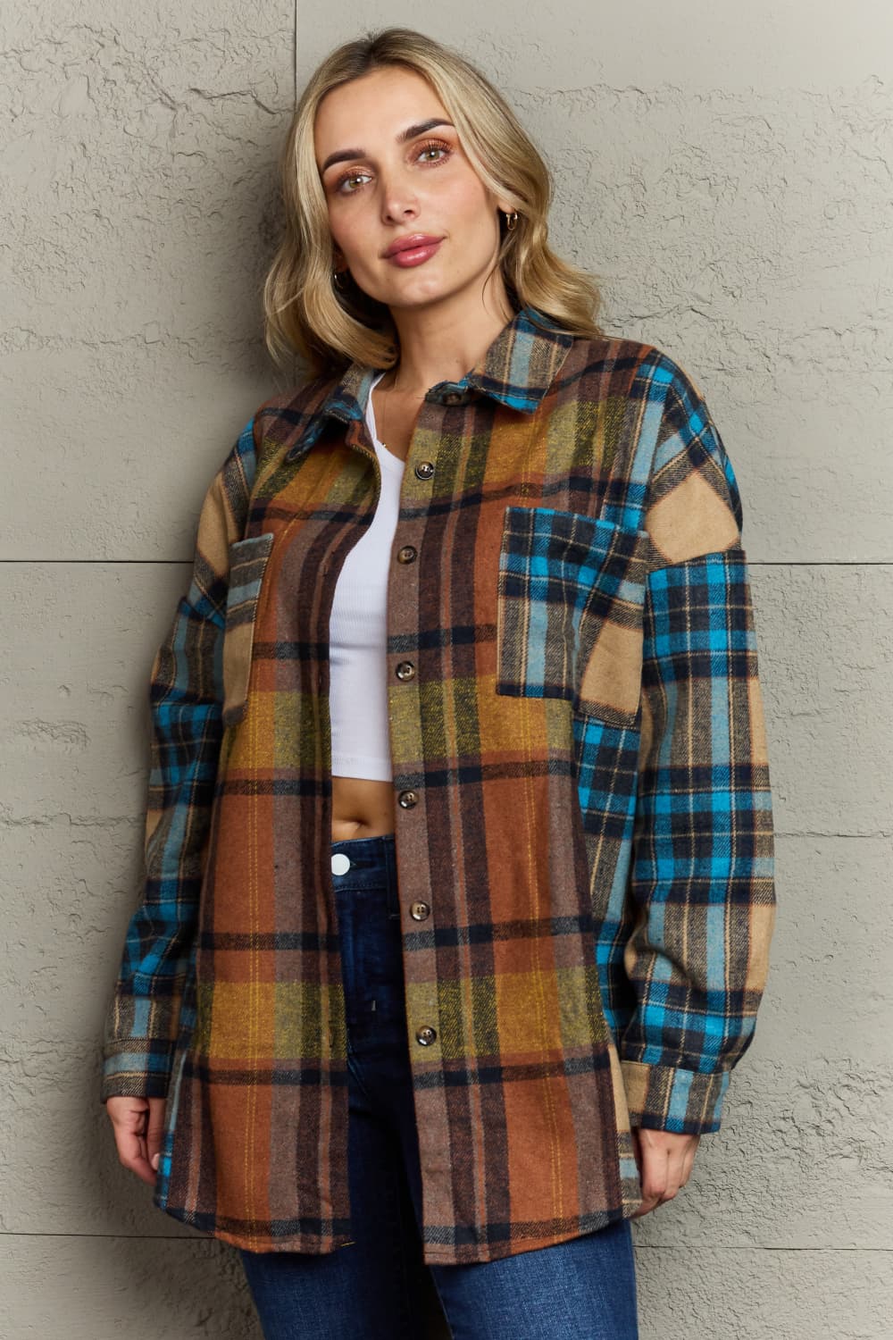 Double Take Plaid Curved Hem Shirt Jacket with Breast Pockets