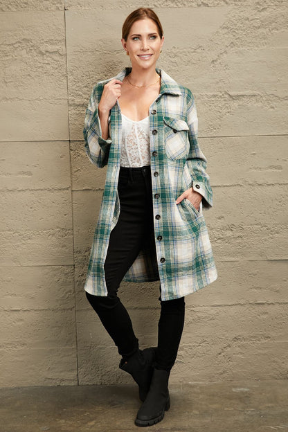 Plaid Button-Up Longline Jacket with Pockets