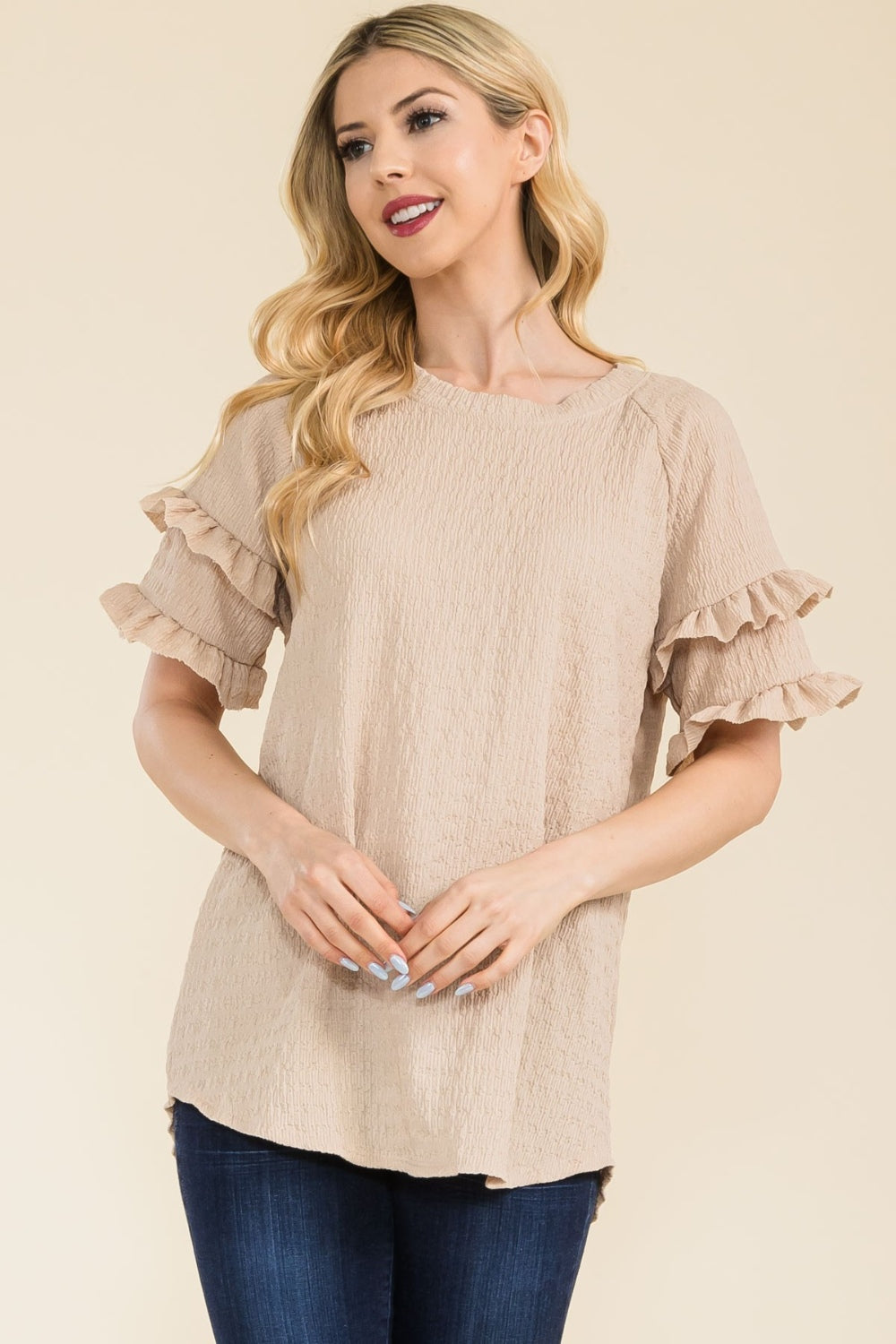 Celeste Full Size Ruffle Short Sleeve Texture Top