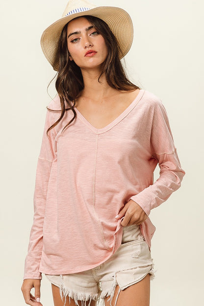 BiBi Exposed Seam V-Neck Long Sleeve T-Shirt