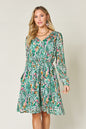 Double Take Full Size Printed Drawstring Waist Long Sleeve Dress