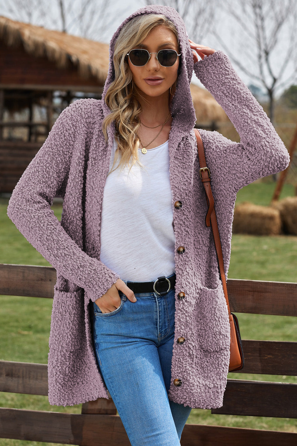 Double Take Popcorn-Knit Long Sleeve Hooded Cardigan