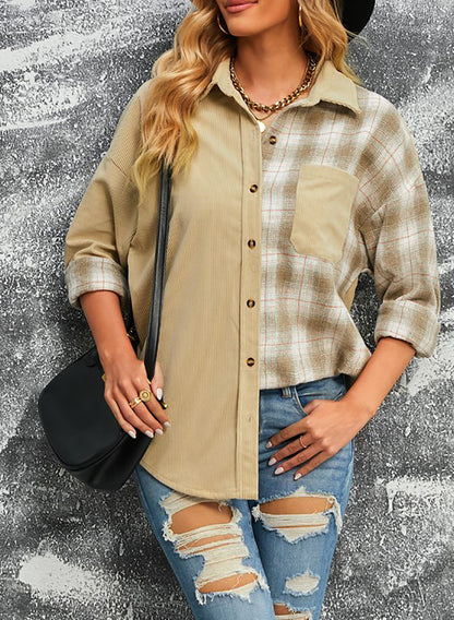 Double Take Plaid Color Block Dropped Shoulder Corduroy Shacket