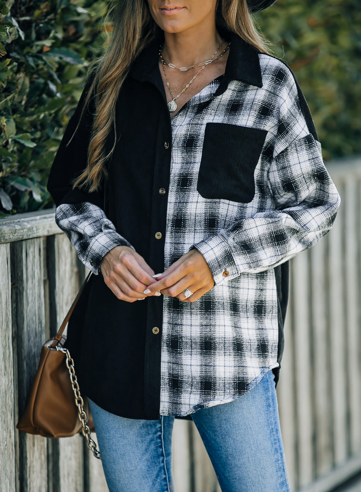 Double Take Plaid Color Block Dropped Shoulder Corduroy Shacket