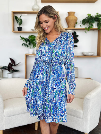 Double Take Full Size Printed Drawstring Waist Long Sleeve Dress