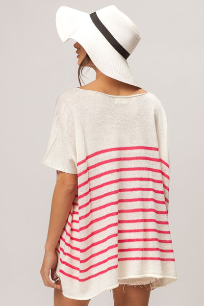 BiBi V Neck Striped Short Sleeve Top