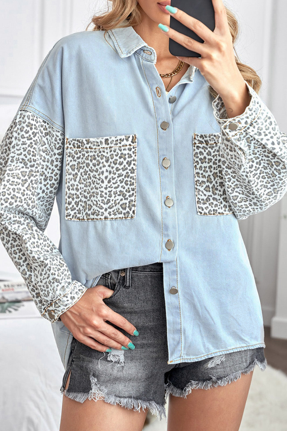 Double Take Leopard Contrast Denim Top