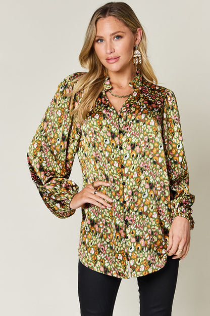 Double Take Full Size Printed Balloon Sleeve Shirt