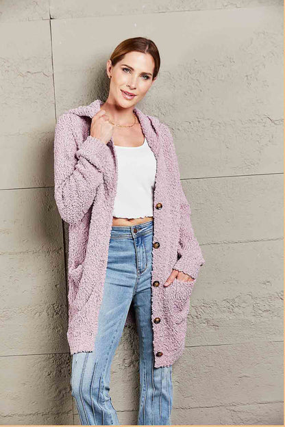 Double Take Popcorn-Knit Long Sleeve Hooded Cardigan