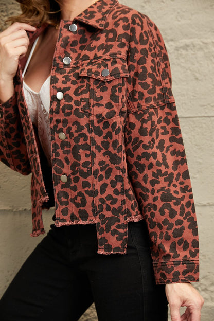 Double Take Leopard Print Raw Hem Jacket