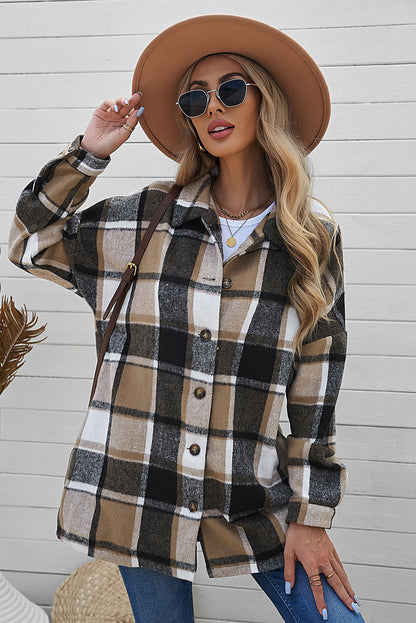 Double Take Plaid Dropped Shoulder Pocketed Shirt Jacket