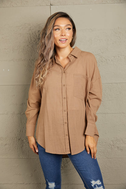 Dropped Shoulder Collared High-Low Shirt