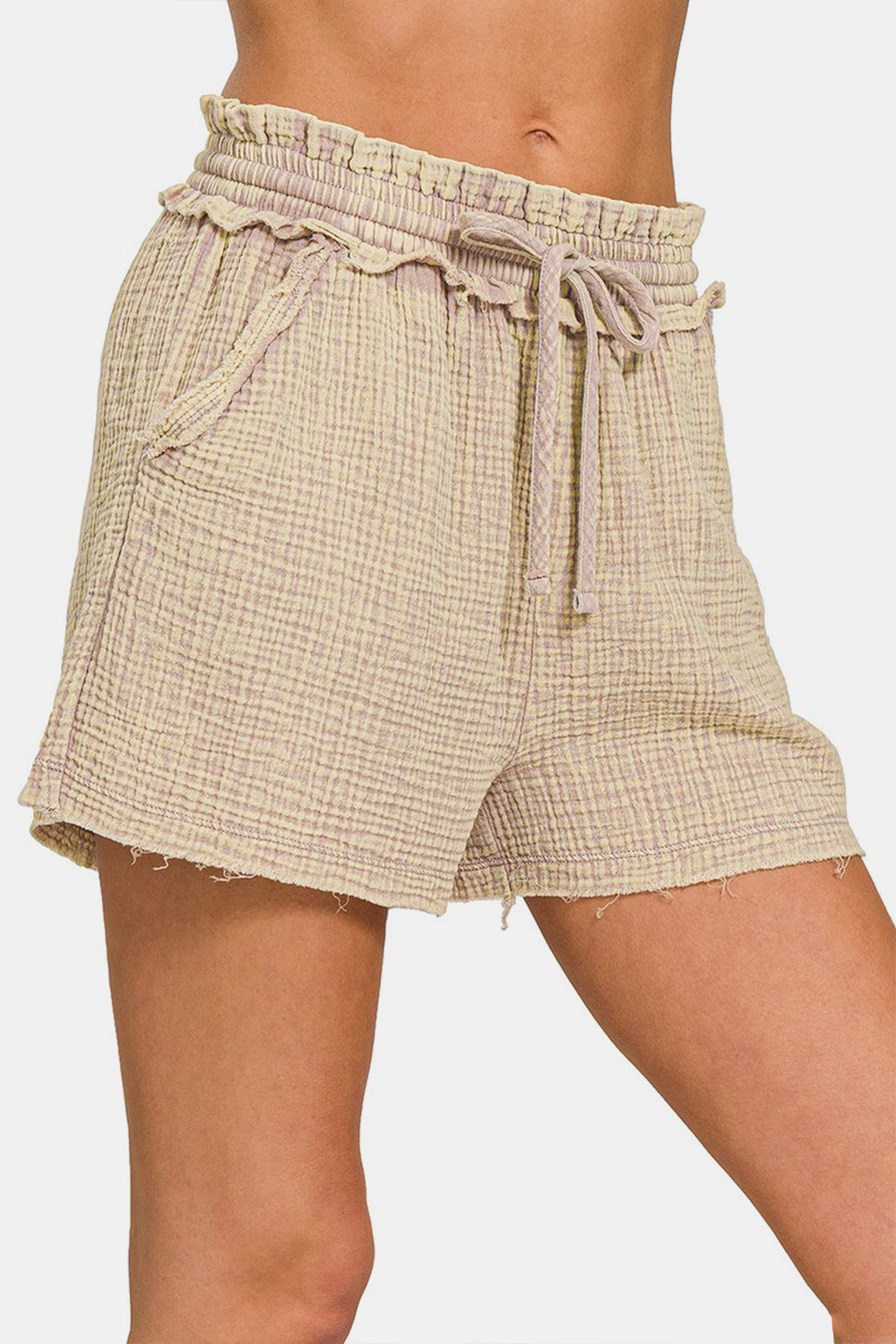 Zenana Washed Frayed Hem Drawstring Shorts