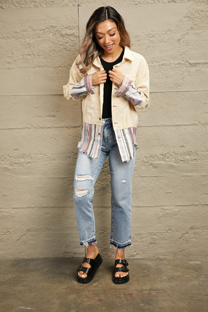 Double Take Striped Frayed Hem Corduroy Jacket