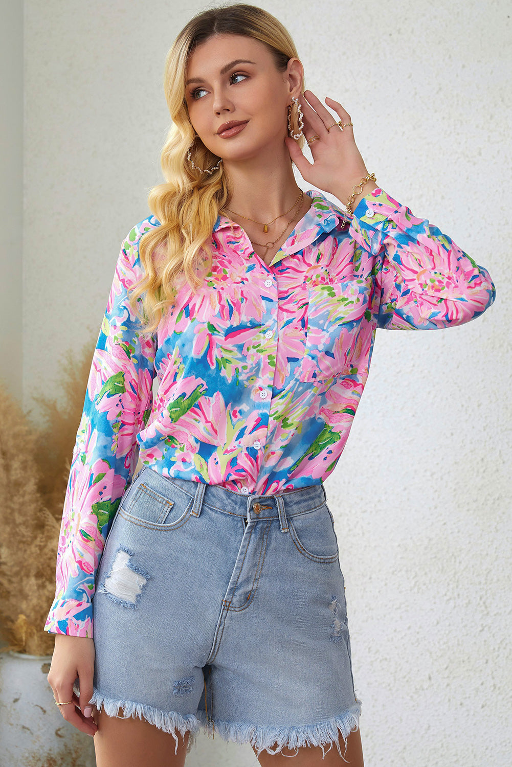 Double Take Floral Long Sleeve Collared Shirt