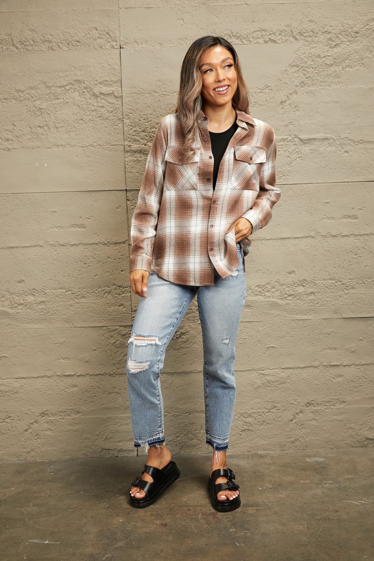 Double Take Plaid Collared Neck Long Sleeve Shirt