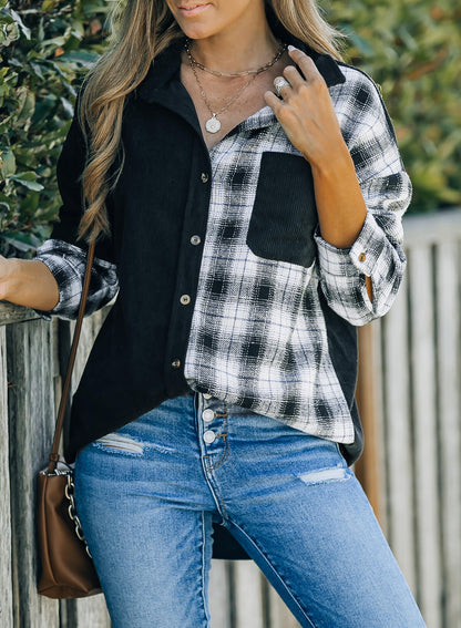 Double Take Plaid Color Block Dropped Shoulder Corduroy Shacket