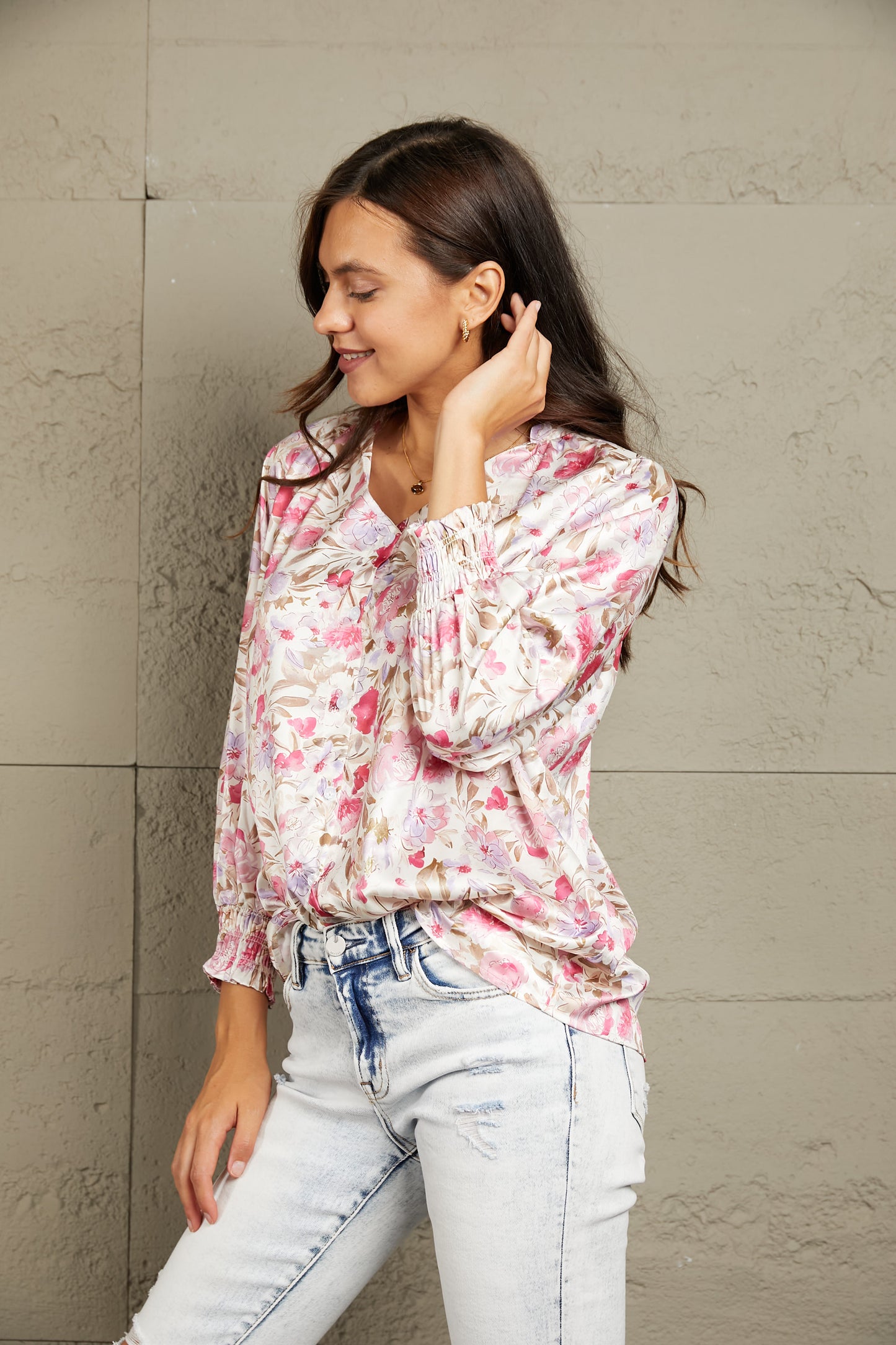 Double Take Floral V-Neck Long Sleeve Shirt