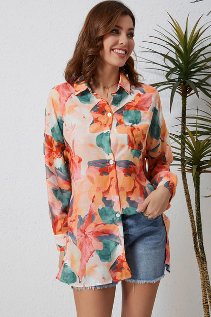 Double Take Floral Long Sleeve Slit Longline Shirt