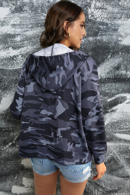 Double Take Camouflage Drawstring Detail Zip Up Hooded Jacket