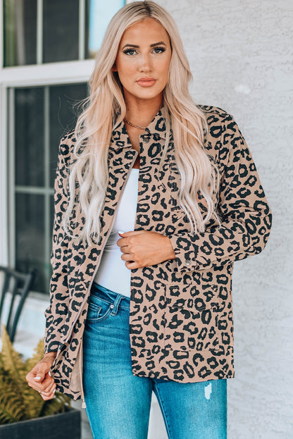 Double Take Leopard Drawstring Waist Jacket with Pockets