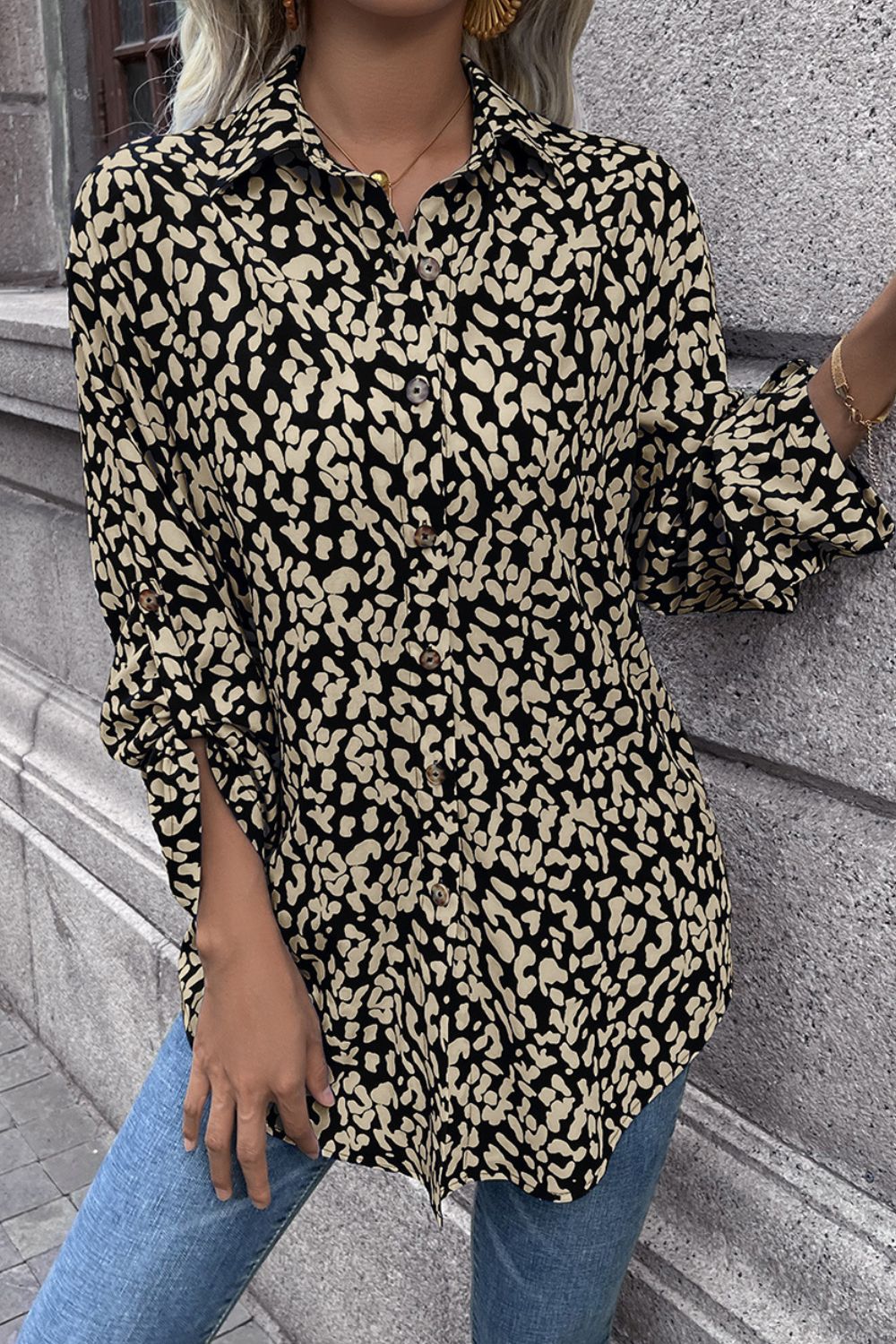 Leopard Roll-Tap Sleeve Shirt