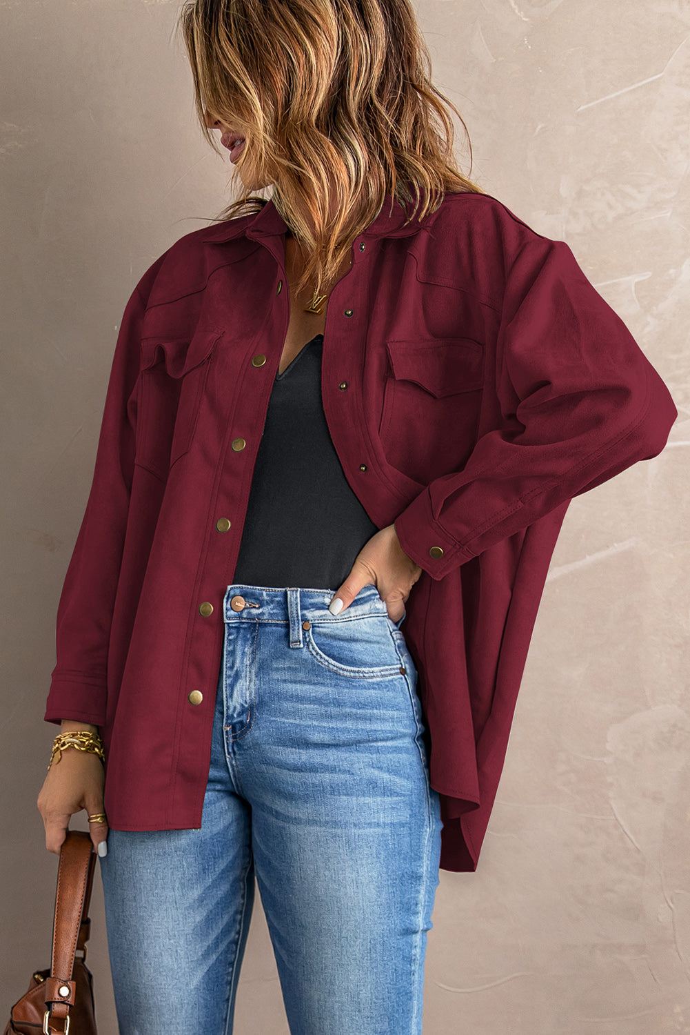 Double Take Suede Snap Front Dropped Shoulder Jacket