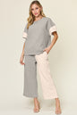 Double Take Full Size Texture Contrast T-Shirt and Wide Leg Pants Set