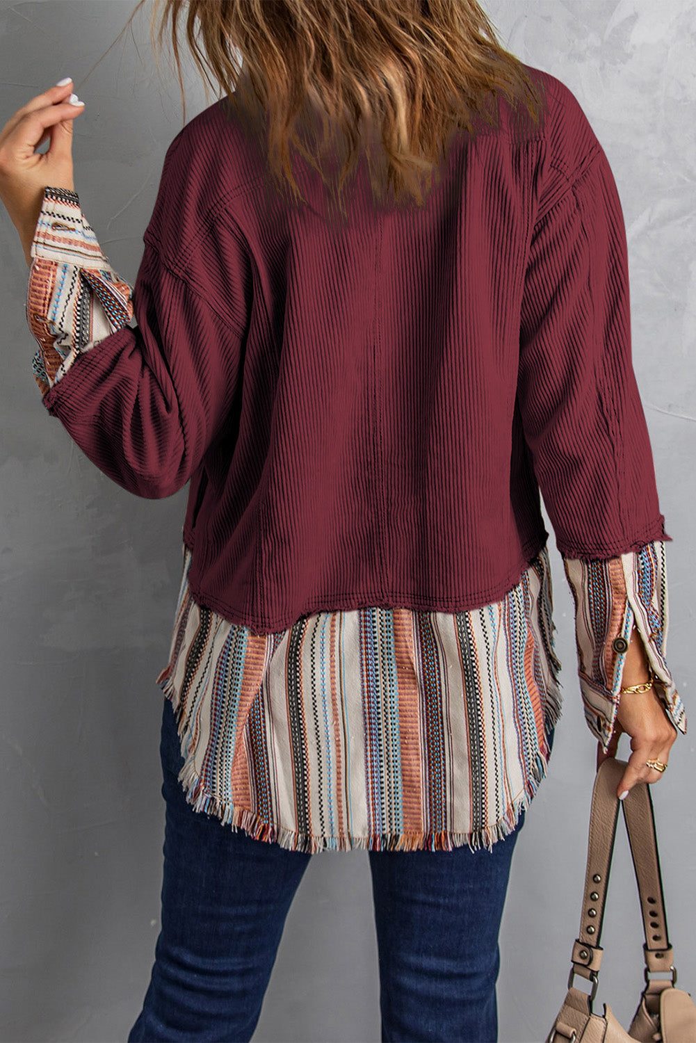 Double Take Striped Frayed Hem Corduroy Jacket