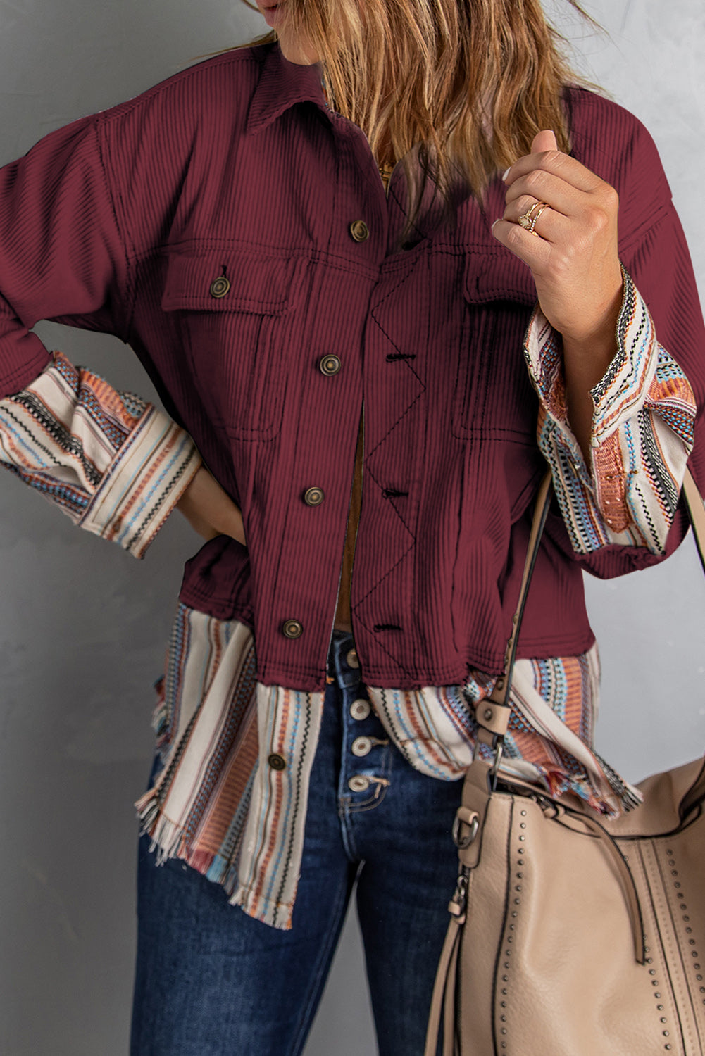 Double Take Striped Frayed Hem Corduroy Jacket