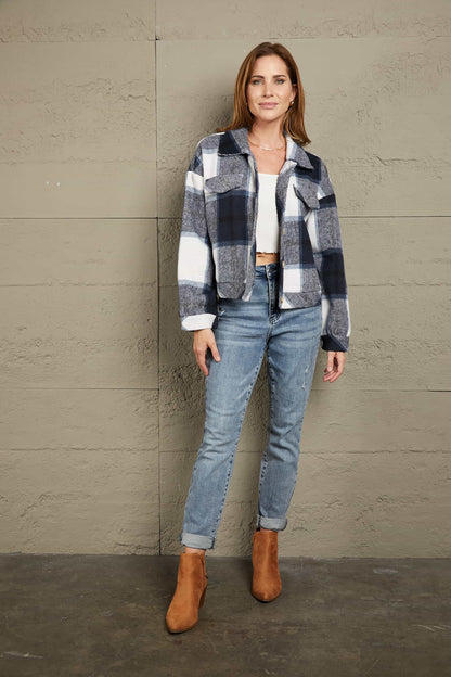 Plaid Button Front Dropped Shoulder Collared Jacket