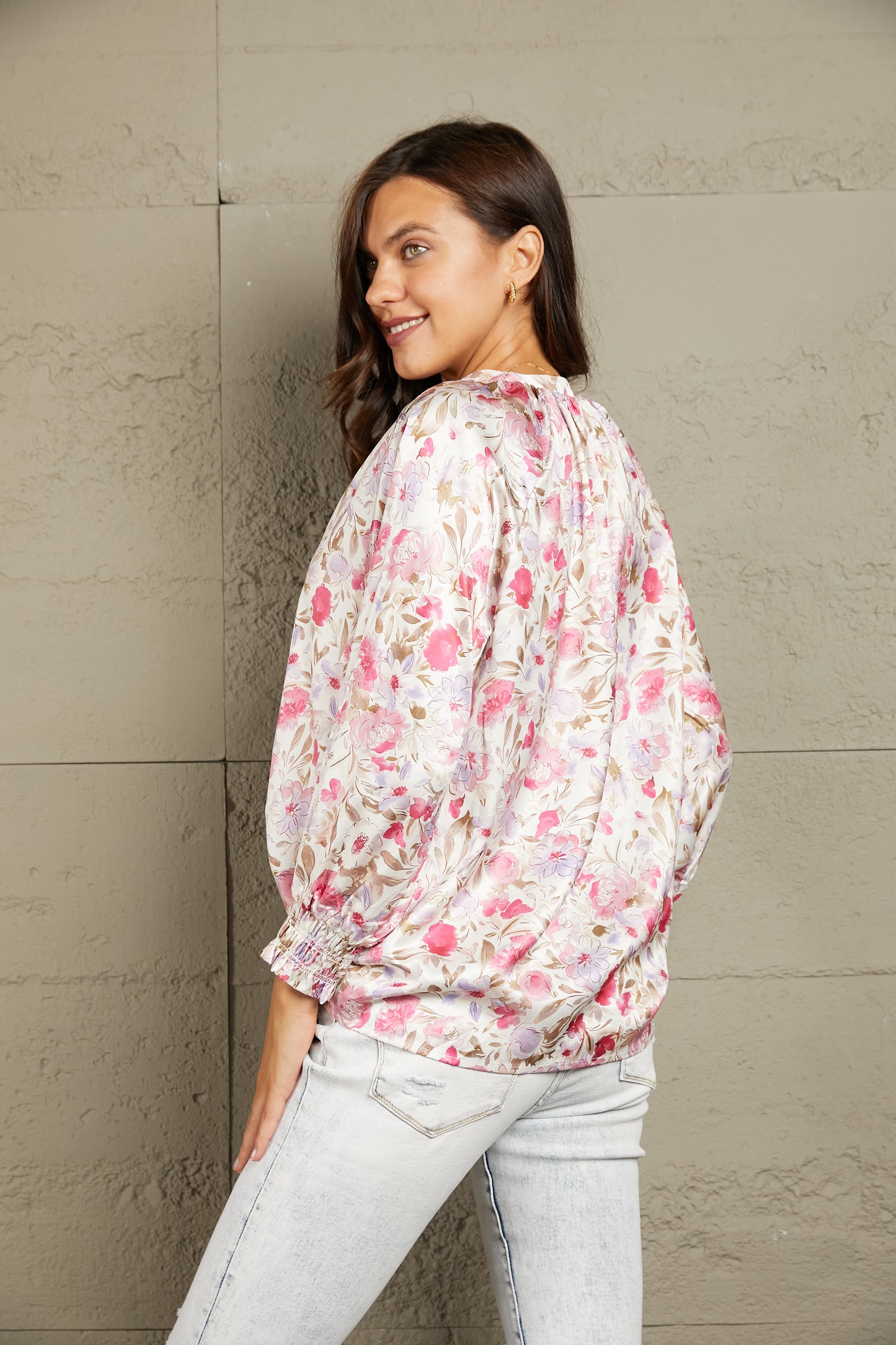 Double Take Floral V-Neck Long Sleeve Shirt