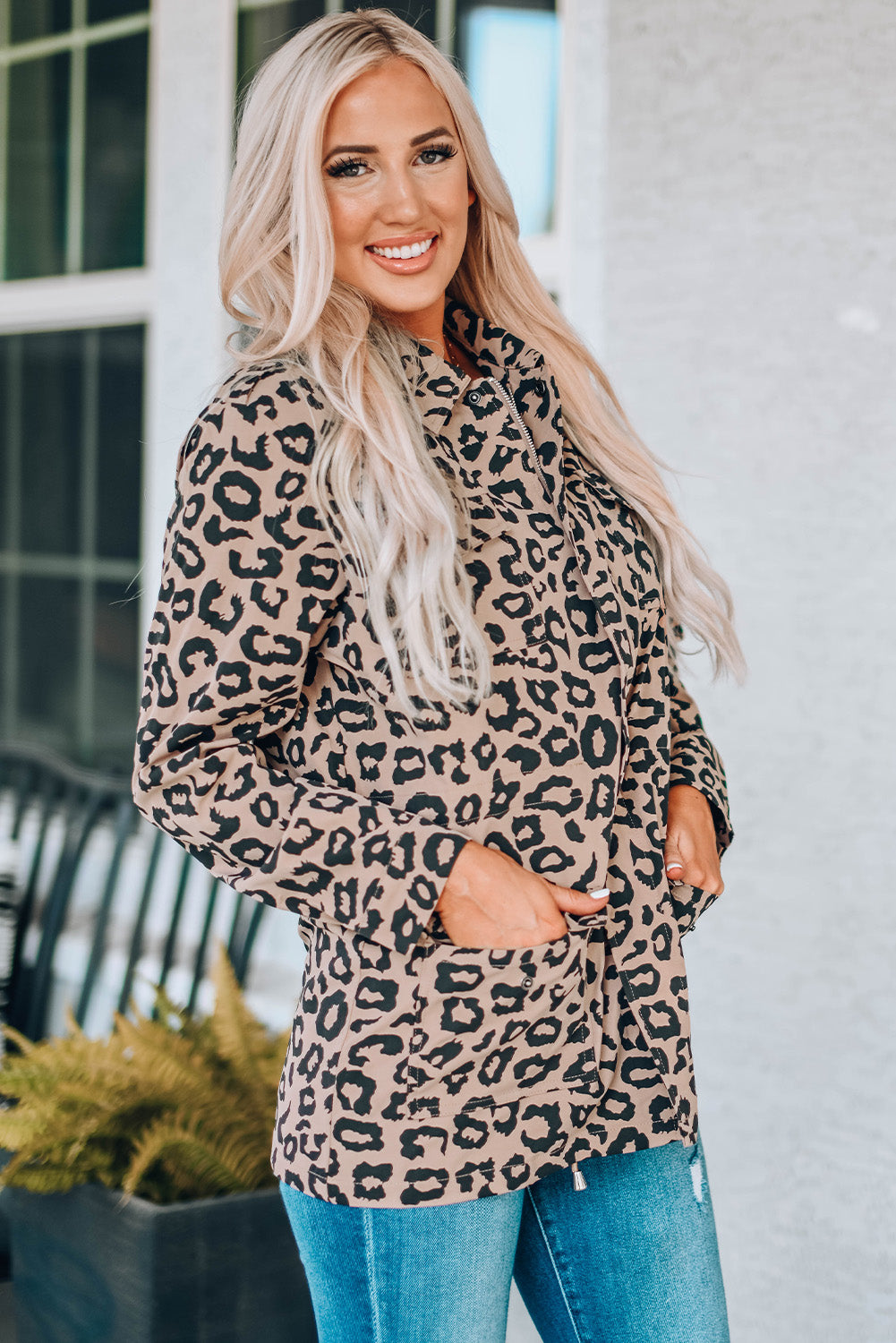 Double Take Leopard Drawstring Waist Jacket with Pockets