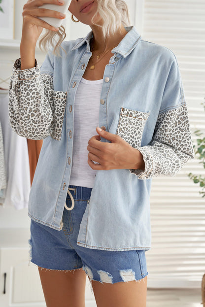 Double Take Leopard Contrast Denim Top