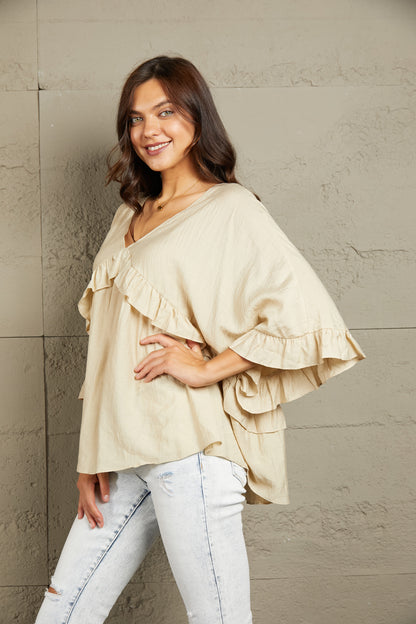 Double Take Ruffled V-Neck Half Sleeve Blouse