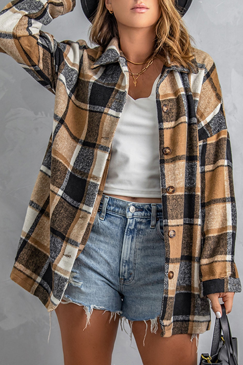 Double Take Plaid Dropped Shoulder Pocketed Shirt Jacket