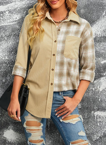 Double Take Plaid Color Block Dropped Shoulder Corduroy Shacket