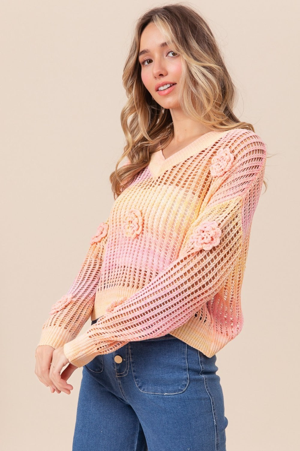 BiBi Ombre Crochet Flower Knit Top