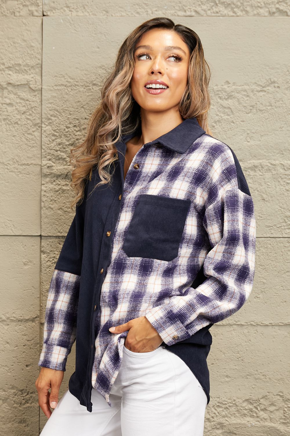 Double Take Plaid Color Block Dropped Shoulder Corduroy Shacket