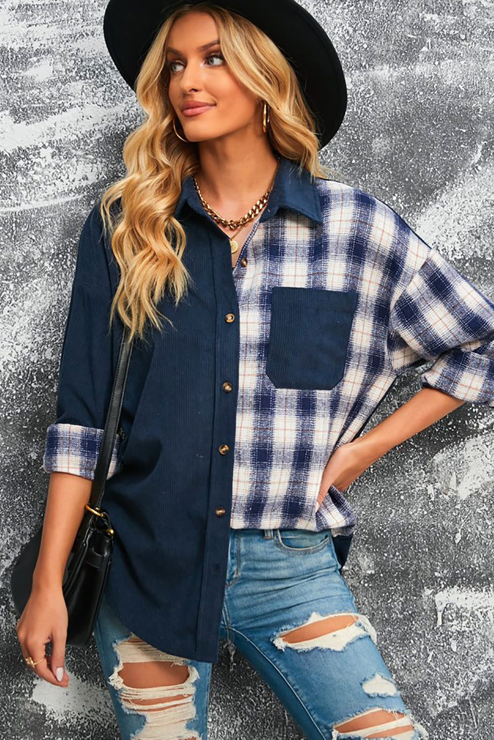 Double Take Plaid Color Block Dropped Shoulder Corduroy Shacket