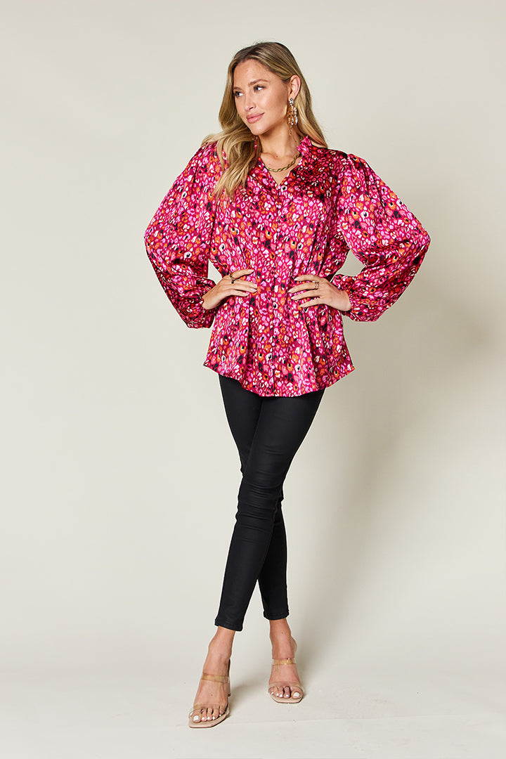 Double Take Full Size Printed Balloon Sleeve Shirt