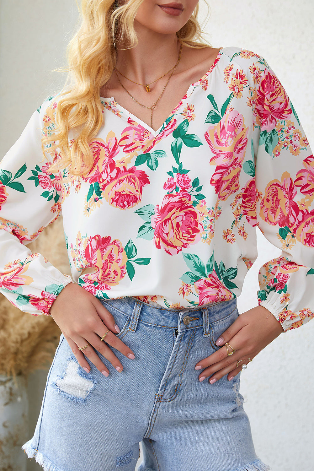 Double Take Floral Notched Neck Long Sleeve Blouse