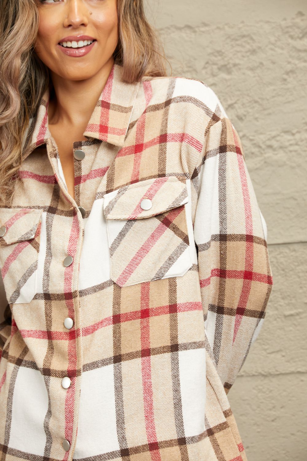 Double Take Plaid Button-Up Dropped Shoulder Shirt Jacket