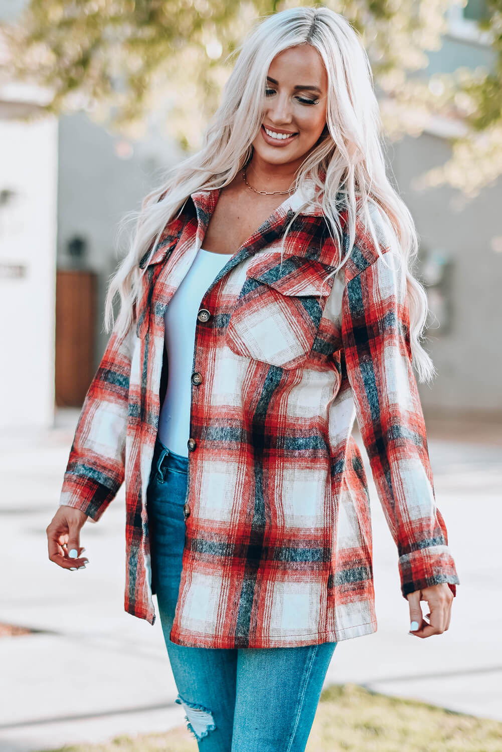 Double Take Plaid Button Up Shirt Jacket with Pockets