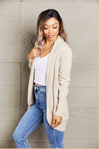 Double Take Long Sleeve Ribbed Hem Open Front Longline Cardigan