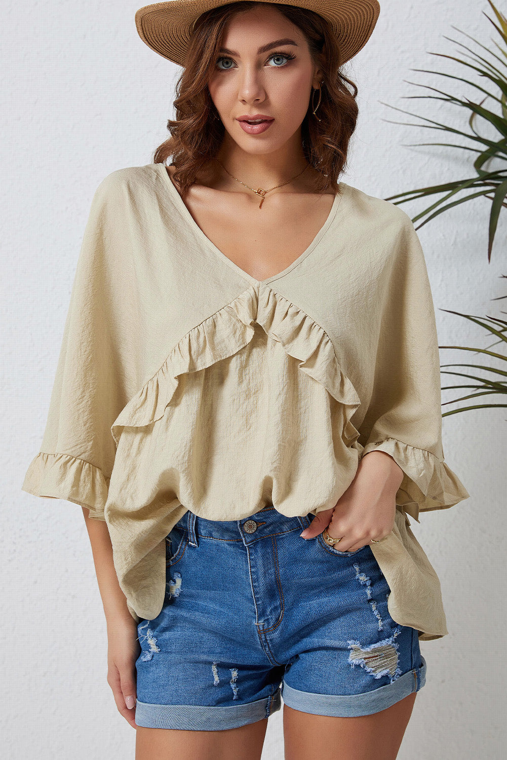 Double Take Ruffled V-Neck Half Sleeve Blouse