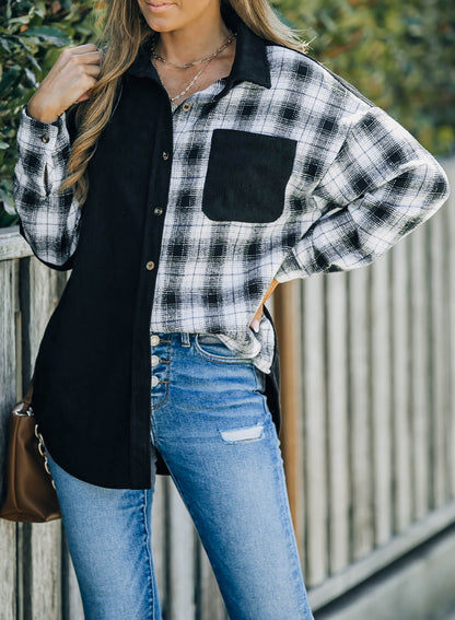 Double Take Plaid Color Block Dropped Shoulder Corduroy Shacket