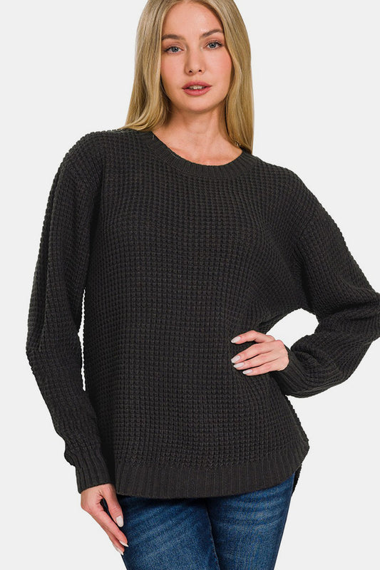 Zenana High Low Long Sleeve Waffle Sweater