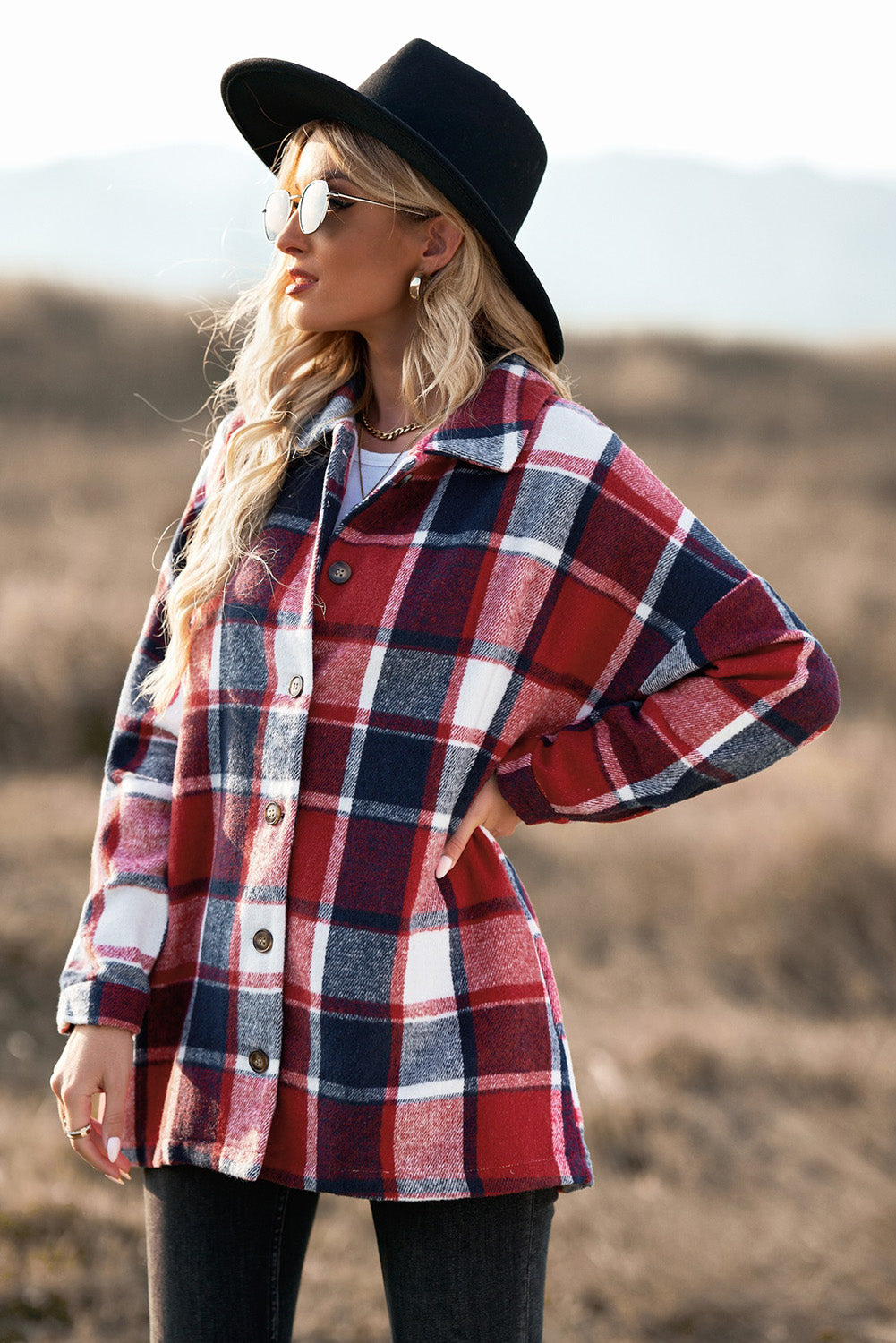 Double Take Plaid Dropped Shoulder Pocketed Shirt Jacket