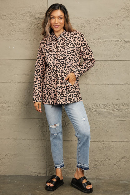 Double Take Leopard Drawstring Waist Jacket with Pockets